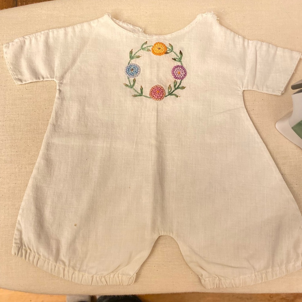 Vintage Floral Linen Embroidered Doll Romper